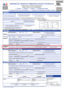 La ligne consacrée au co titulaire sur le CERFA « Demande de certificat d’immatriculation d’un véhicule », encadrée en rouge.