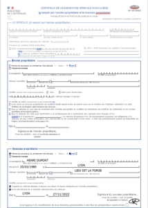 Le certificat de cession 15776*02, à remplir et signer conjointement avec l’ancien propriétaire.