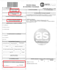 Contre Visite favorable suite à des réparations du véhicule. L’encadré en bas à gauche permet d’identifier la date du Contrôle Technique Défavorable pour défaillances Majeures.