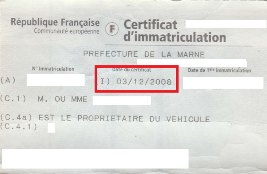 Le numéro de formule sur le Certificat d'Immatriculation.