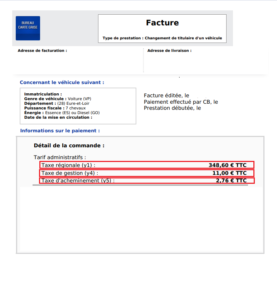 Facture d’une démarche de Carte Grise avec les éléments composant le tarif « administratif » détaillés